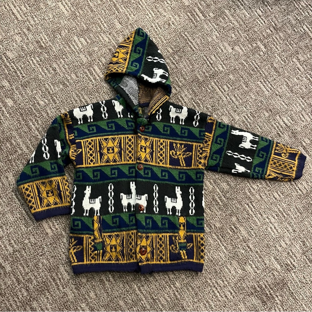 Ruminahui alpaca wool cardigan jacket, kids size Large, hooded